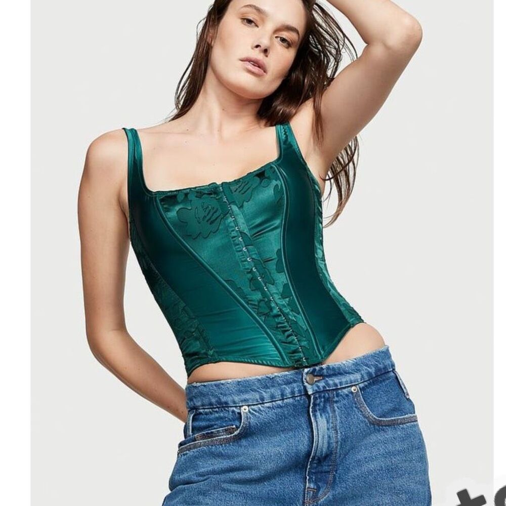 Victoria's Secret Archive Womens Burnout Satin Corset Top Green Medium/B80
